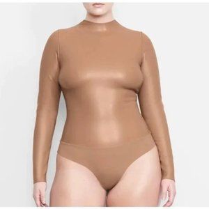 NWT SKIMS Mock Neck Faux Leather Bodysuit Long Sleeve Brown Color Sz L
